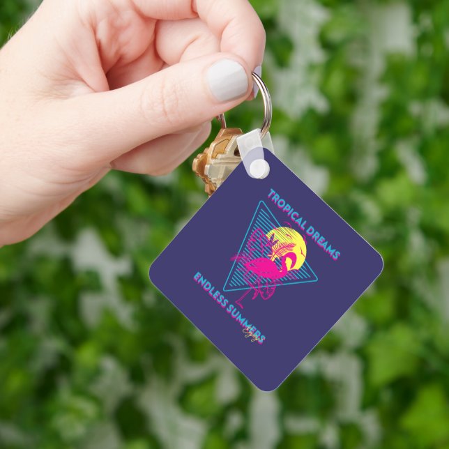 Retro Flamingo Sunset Synthwave Vibes Keychain (Hand)