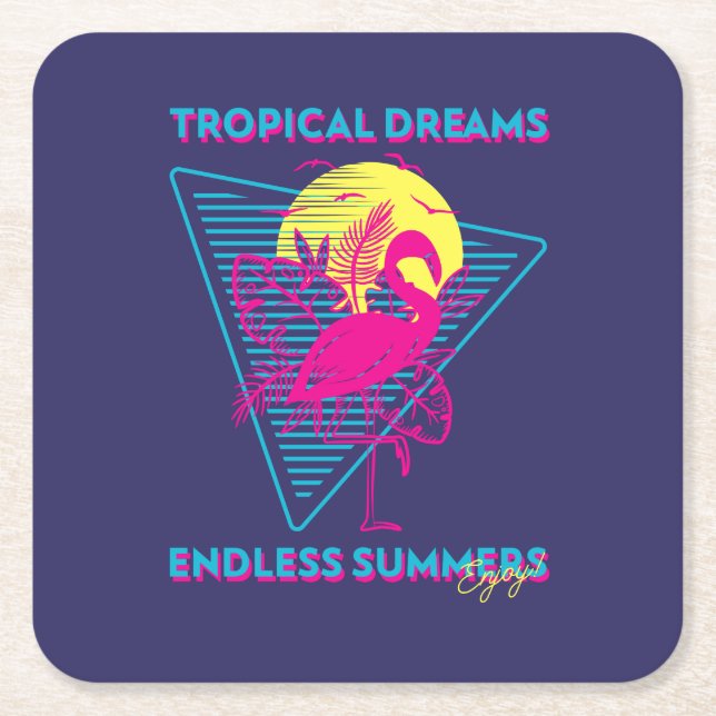 Retro Flamingo Sunset Synthwave Vibes Square Paper Coaster (Front)