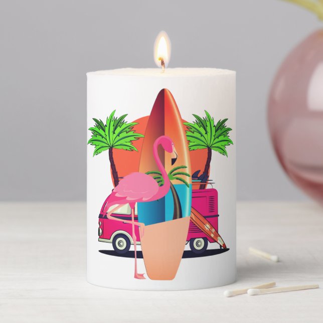 Retro Flamingo Surf Scene Tiki Hut Vibes Pillar Candle (In Situ)