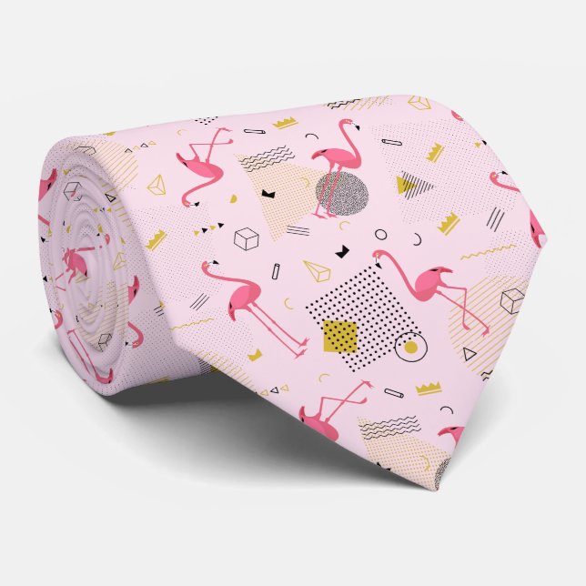 Retro Flamingos Dots and Diamonds on Pink Neck Tie (Rolled)