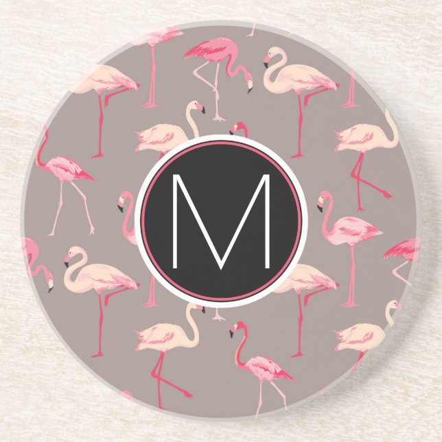 Retro Flamingos | Monogram Drink Coaster (Front)