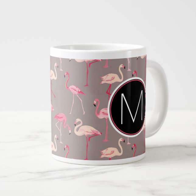 Retro Flamingos | Monogram Giant Coffee Mug (Front Right)