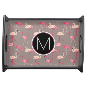 Retro Flamingos Monogram Serving Tray