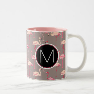 Retro Flamingos Monogram Two-Tone Coffee Mug