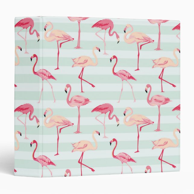 Retro Flamingos On Mint Stripes 3 Ring Binder (Front/Spine)