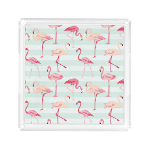 Retro Flamingos On Mint Stripes Acrylic Tray