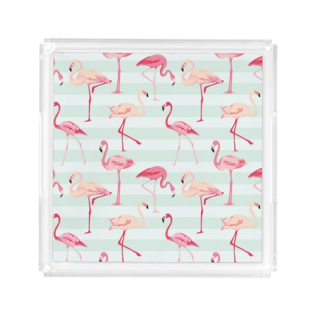 Retro Flamingos On Mint Stripes Acrylic Tray (Front)