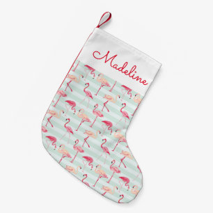 Retro Flamingos On Mint Stripes   Add Your Name Small Christmas Stocking