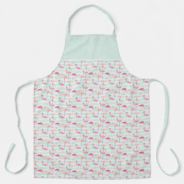 Retro Flamingos On Mint Stripes Apron (Front)