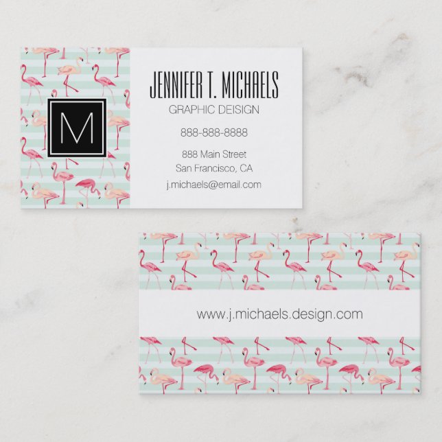 Retro Flamingos On Mint Stripes Business Card (Front/Back)