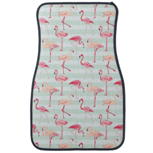 Retro Flamingos On Mint Stripes Car Floor Mat