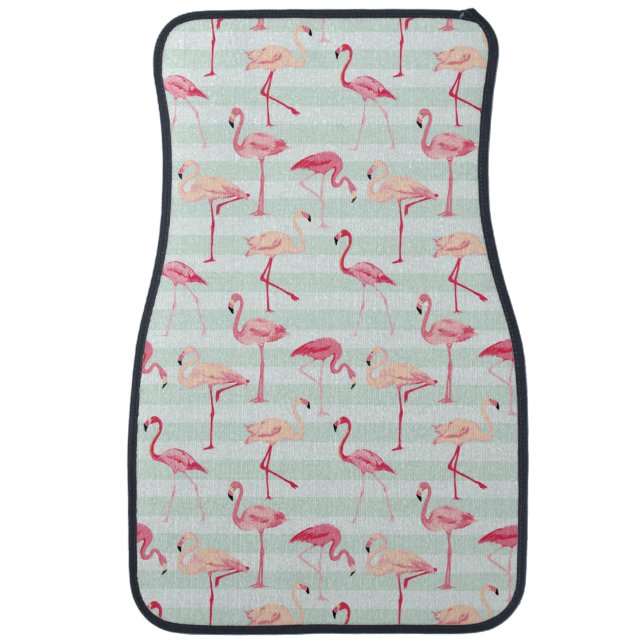Retro Flamingos On Mint Stripes Car Floor Mat (Front)