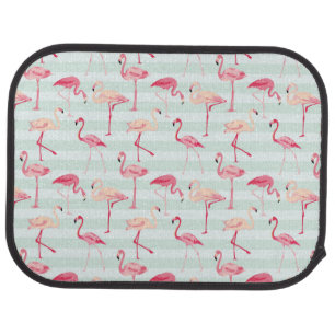 Retro Flamingos On Mint Stripes Car Mat