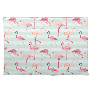Retro Flamingos On Mint Stripes Cloth Placemat