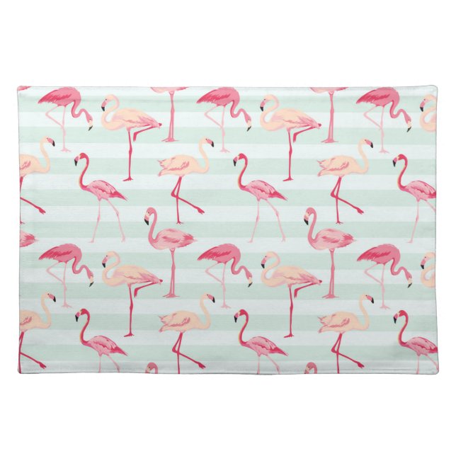 Retro Flamingos On Mint Stripes Cloth Placemat (Front)