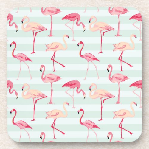 Retro Flamingos On Mint Stripes Coaster