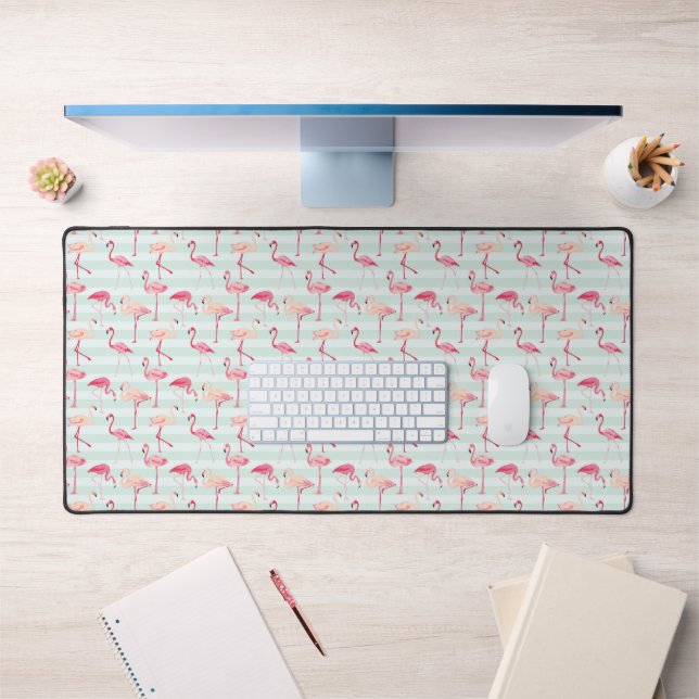 Retro Flamingos On Mint Stripes Desk Mat (Office 1)