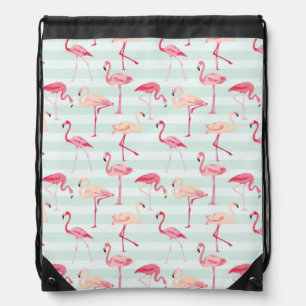 Retro Flamingos On Mint Stripes Drawstring Bag