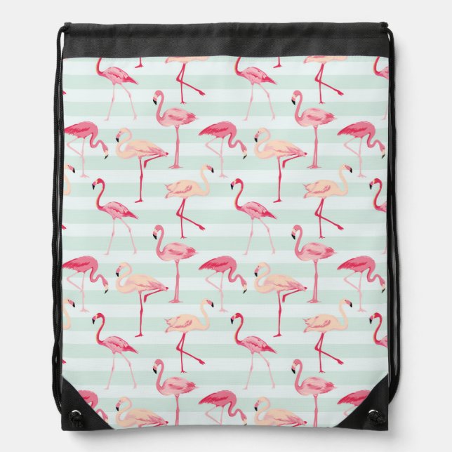 Retro Flamingos On Mint Stripes Drawstring Bag (Front)