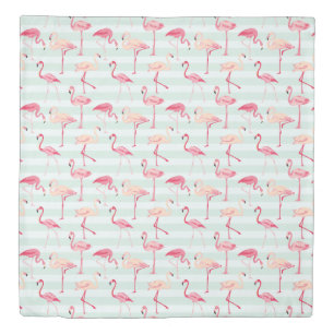 Retro Flamingos On Mint Stripes Duvet Cover