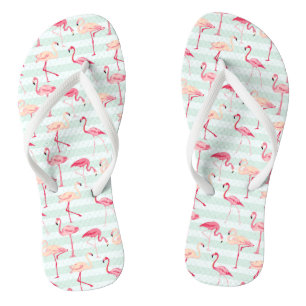 Retro Flamingos On Mint Stripes Flip Flops