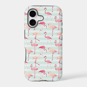 Retro Flamingos On Mint Stripes iPhone 17 Case