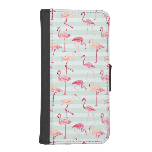 Retro Flamingos On Mint Stripes iPhone Wallet Case (Front)