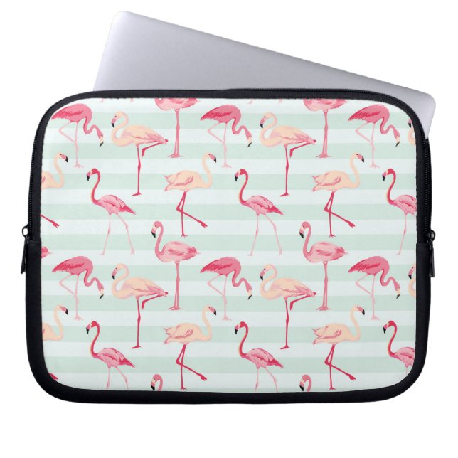 Retro Flamingos On Mint Stripes Laptop Sleeve (Front)