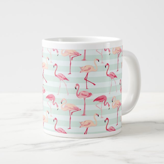 Retro Flamingos On Mint Stripes Large Coffee Mug (Front Right)