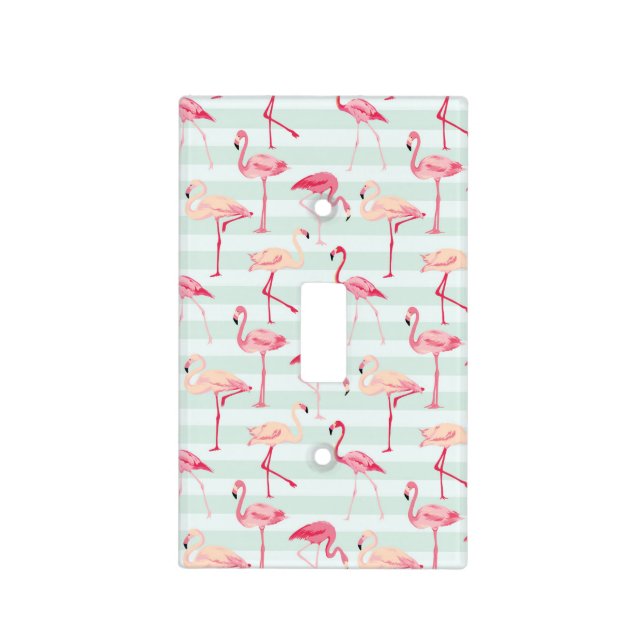 Retro Flamingos On Mint Stripes Light Switch Cover (Front)