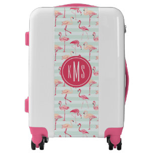 Retro Flamingos On Mint Stripes   Monogram Luggage
