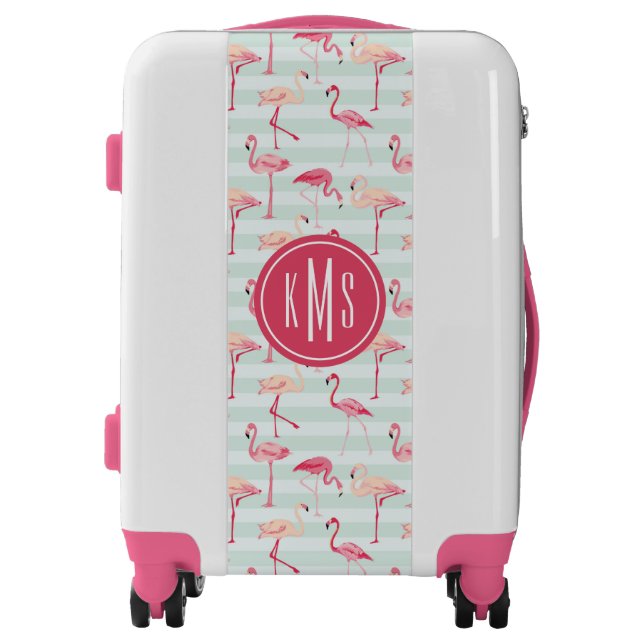 Retro Flamingos On Mint Stripes | Monogram Luggage (Front)