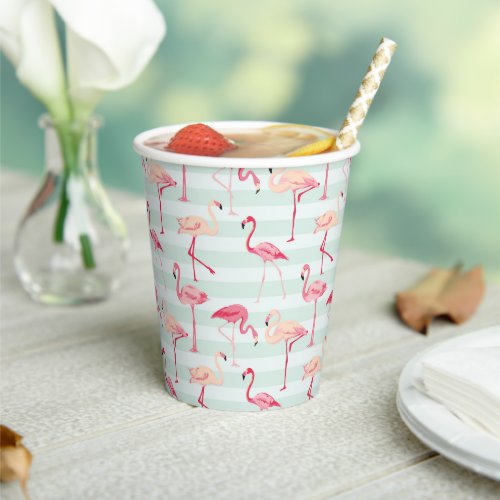 Retro Flamingos On Mint Stripes Paper Cups