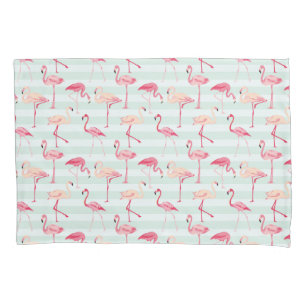 Retro Flamingos On Mint Stripes Pillow Case