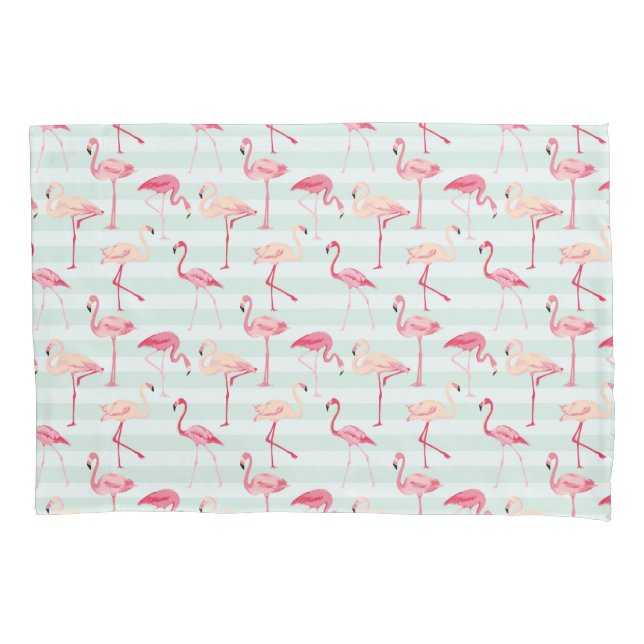 Retro Flamingos On Mint Stripes Pillow Case (Front-Left)