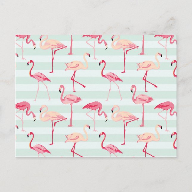 Retro Flamingos On Mint Stripes Postcard (Front)