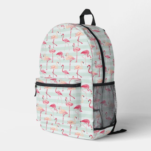 Retro Flamingos On Mint Stripes Printed Backpack (Back Corner Right)