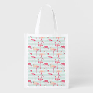 Retro Flamingos On Mint Stripes Reusable Grocery Bag