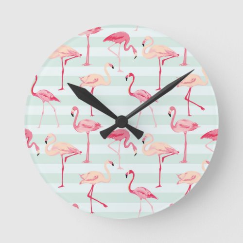 Retro Flamingos On Mint Stripes Round Clock