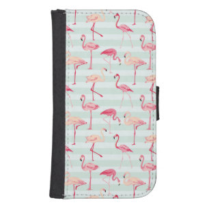 Retro Flamingos On Mint Stripes Wallet Phone Case For Samsung Galaxy S4