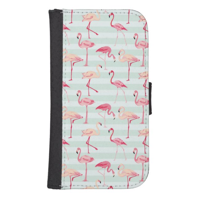 Retro Flamingos On Mint Stripes Samsung Galaxy Wallet Case (Front)