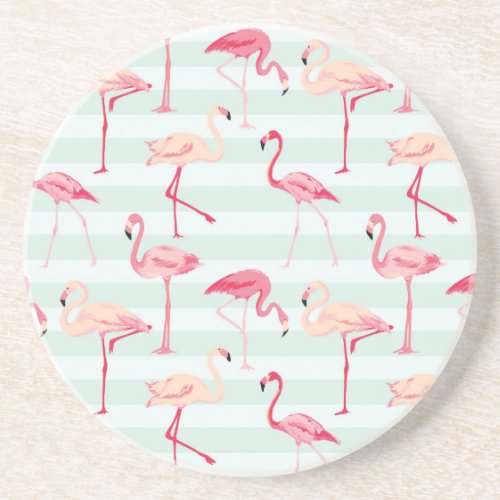 Retro Flamingos On Mint Stripes Sandstone Coaster