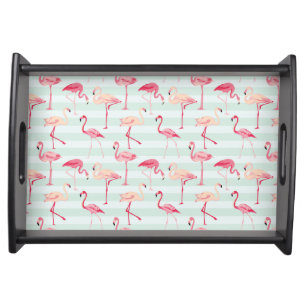 Retro Flamingos On Mint Stripes Serving Tray