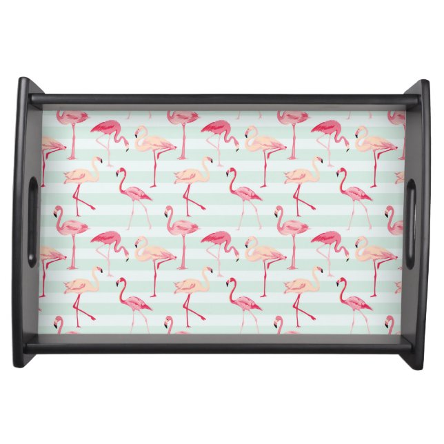 Retro Flamingos On Mint Stripes Serving Tray (Front)