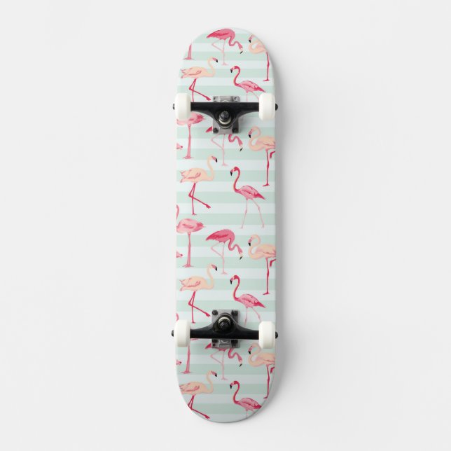 Retro Flamingos On Mint Stripes Skateboard (Front)