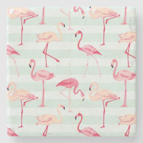 Retro Flamingos On Mint Stripes Stone Coaster