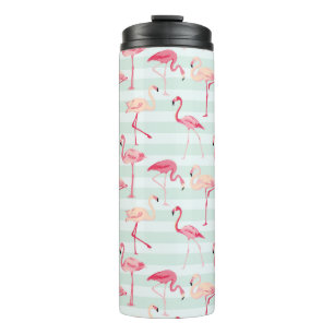 Retro Flamingos On Mint Stripes Thermal Tumbler