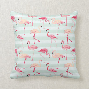 Retro Flamingos On Mint Stripes Throw Pillow