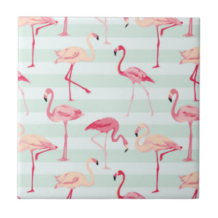 Retro Flamingos On Mint Stripes Tile