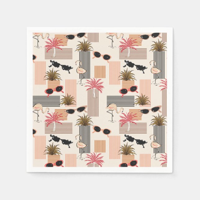 Retro Flamingos Palms and Sunglasses Summer Party Napkins (Front)